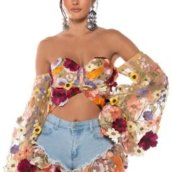 BOTANICAL BEAUTY CROPPED SHEER SLEEVE TOP