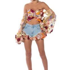 BOTANICAL BEAUTY CROPPED SHEER SLEEVE TOP -Highlight shop botanical beauty cropped sheer sleeve top nude 3 3