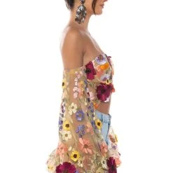 BOTANICAL BEAUTY CROPPED SHEER SLEEVE TOP -Highlight shop botanical beauty cropped sheer sleeve top nude 5 5