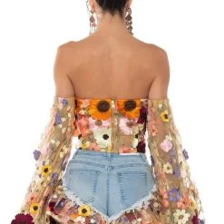 BOTANICAL BEAUTY CROPPED SHEER SLEEVE TOP -Highlight shop botanical beauty cropped sheer sleeve top nude 6 6