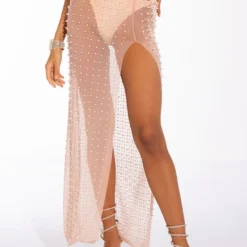 DISCO DOLL EMBELLISHED HIGH SLIT MESH MAXI SKIRT