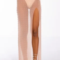 DISCO DOLL EMBELLISHED HIGH SLIT MESH MAXI SKIRT -Highlight shop disco doll embellished high slit mesh maxi skirt light brown 3 3