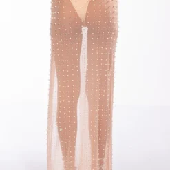 DISCO DOLL EMBELLISHED HIGH SLIT MESH MAXI SKIRT -Highlight shop disco doll embellished high slit mesh maxi skirt light brown 6 6