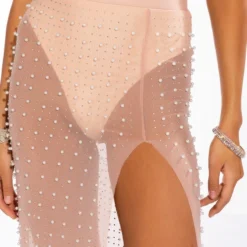 DISCO DOLL EMBELLISHED HIGH SLIT MESH MAXI SKIRT -Highlight shop disco doll embellished high slit mesh maxi skirt light brown 7 7