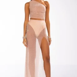 DISCO DOLL EMBELLISHED HIGH SLIT MESH MAXI SKIRT -Highlight shop disco doll embellished high slit mesh maxi skirt light brown 8 8