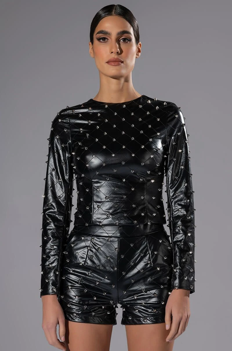 HBIC FAUX LEATHER SPIKE DETAILED SHORT HBIC FAUX LEATHER SPIKE DETAILED SHORT -Highlight shop hbic faux leather spike detailed short black silver 4 4