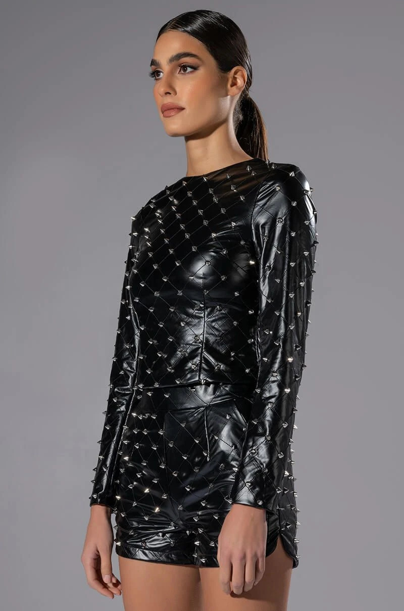 HBIC FAUX LEATHER SPIKE DETAILED SHORT HBIC FAUX LEATHER SPIKE DETAILED SHORT -Highlight shop hbic faux leather spike detailed short black silver 5 5