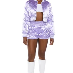 NO CAP QUILTED SATIN DOLPHIN SHORTS IN LILAC -Highlight shop no cap quilted satin dolphin shorts in lilac light purple 7 7