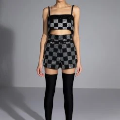 POP STAR CHECKERED RHINESTONE SHORT