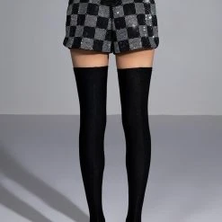 POP STAR CHECKERED RHINESTONE SHORT -Highlight shop pop star checkered rhinestone short black white 9 9