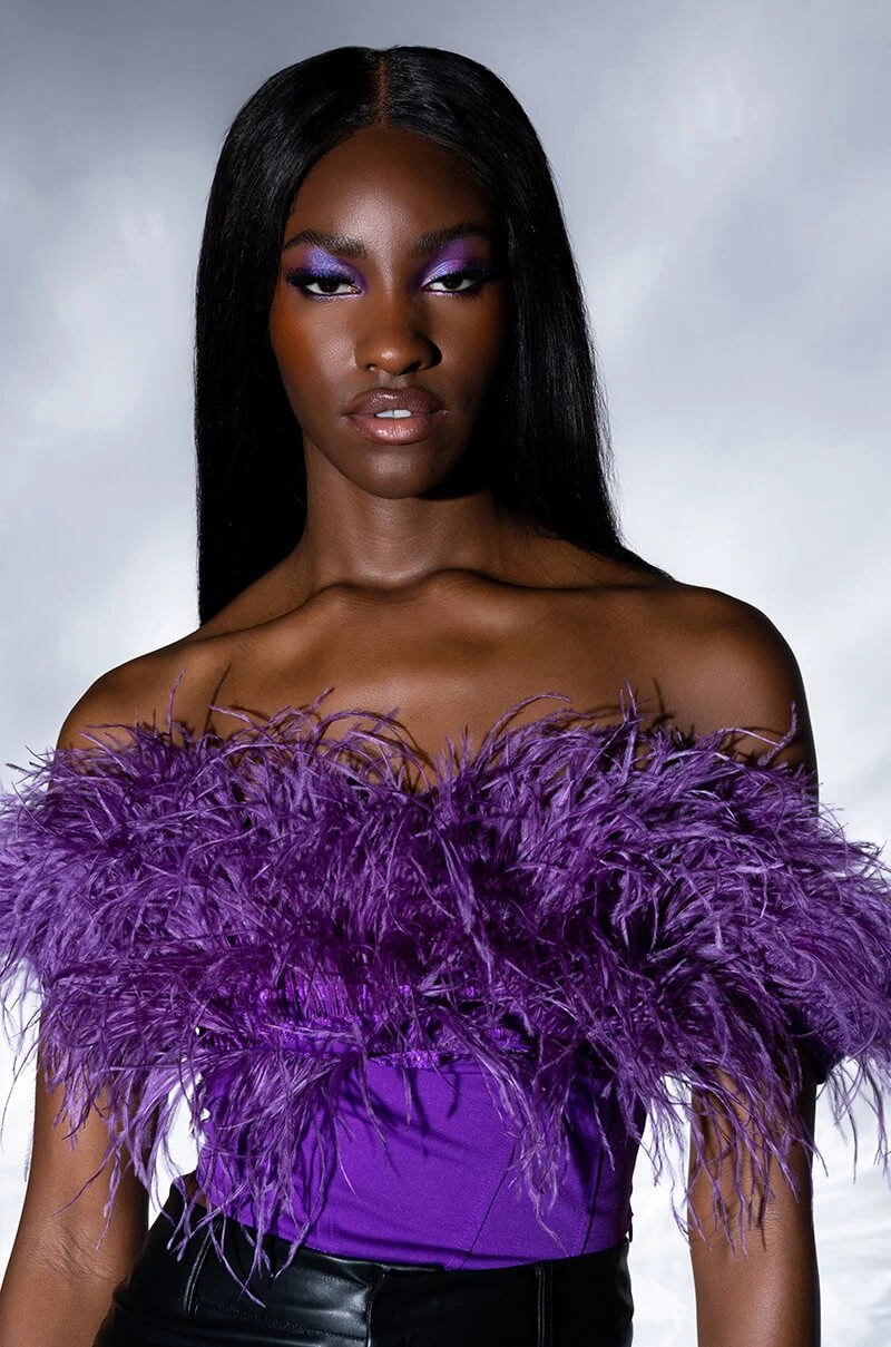 REGAL OFF THE SHOULDER FEATHER CORSET -Highlight shop regal off the shoulder feather corset purple 1 1 c1 c1 c1 c1
