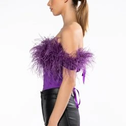 REGAL OFF THE SHOULDER FEATHER CORSET -Highlight shop regal off the shoulder feather corset purple 4 4 c1 c1 c1