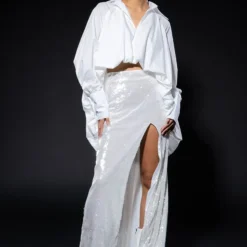 RESOLUTIONS SEQUIN SLIT MAXI SKIRT -Highlight shop resolutions sequin slit maxi skirt white 4 4 c1