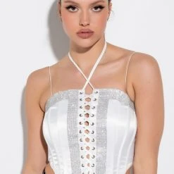 SELF CONTROL LACE UP RHINESTONE SATIN CORSET