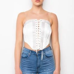 SELF CONTROL LACE UP RHINESTONE SATIN CORSET -Highlight shop self control lace up rhinestone satin corset white 4 4