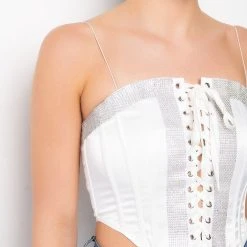 SELF CONTROL LACE UP RHINESTONE SATIN CORSET -Highlight shop self control lace up rhinestone satin corset white 7 7