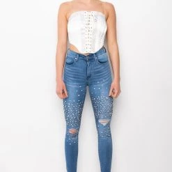 SELF CONTROL LACE UP RHINESTONE SATIN CORSET -Highlight shop self control lace up rhinestone satin corset white 8 8