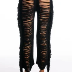 SHREDDED HIGH WAIST KNIT PANTS -Highlight shop shredded high waist knit pants black 7 7 c1